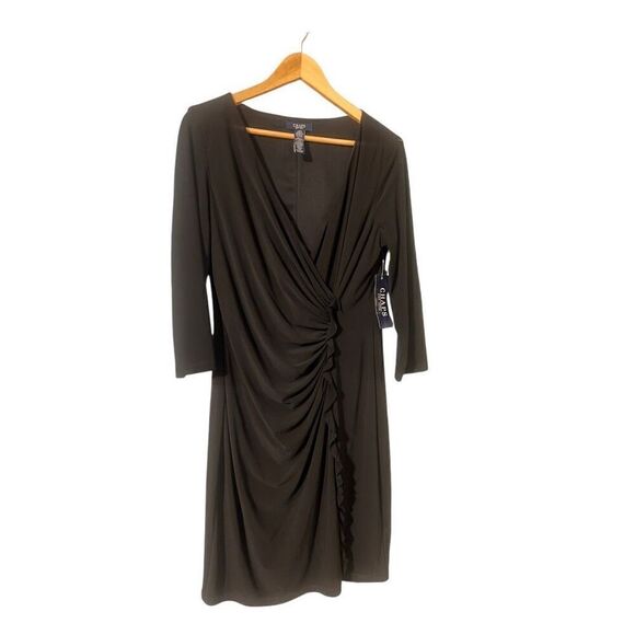 Chaps Size L Long Sleeve Gathered Cocktail Dress Solid Black Ruffle Detail New - Picture 1 of 7